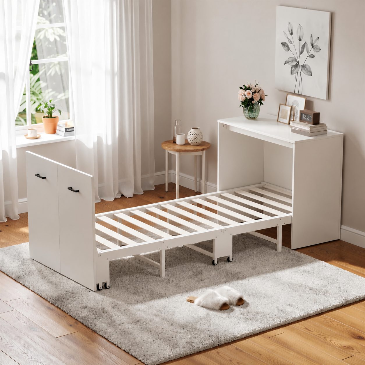 Wardrobe with Fold-Out Bed – 2-in-1, White, on Casters 4