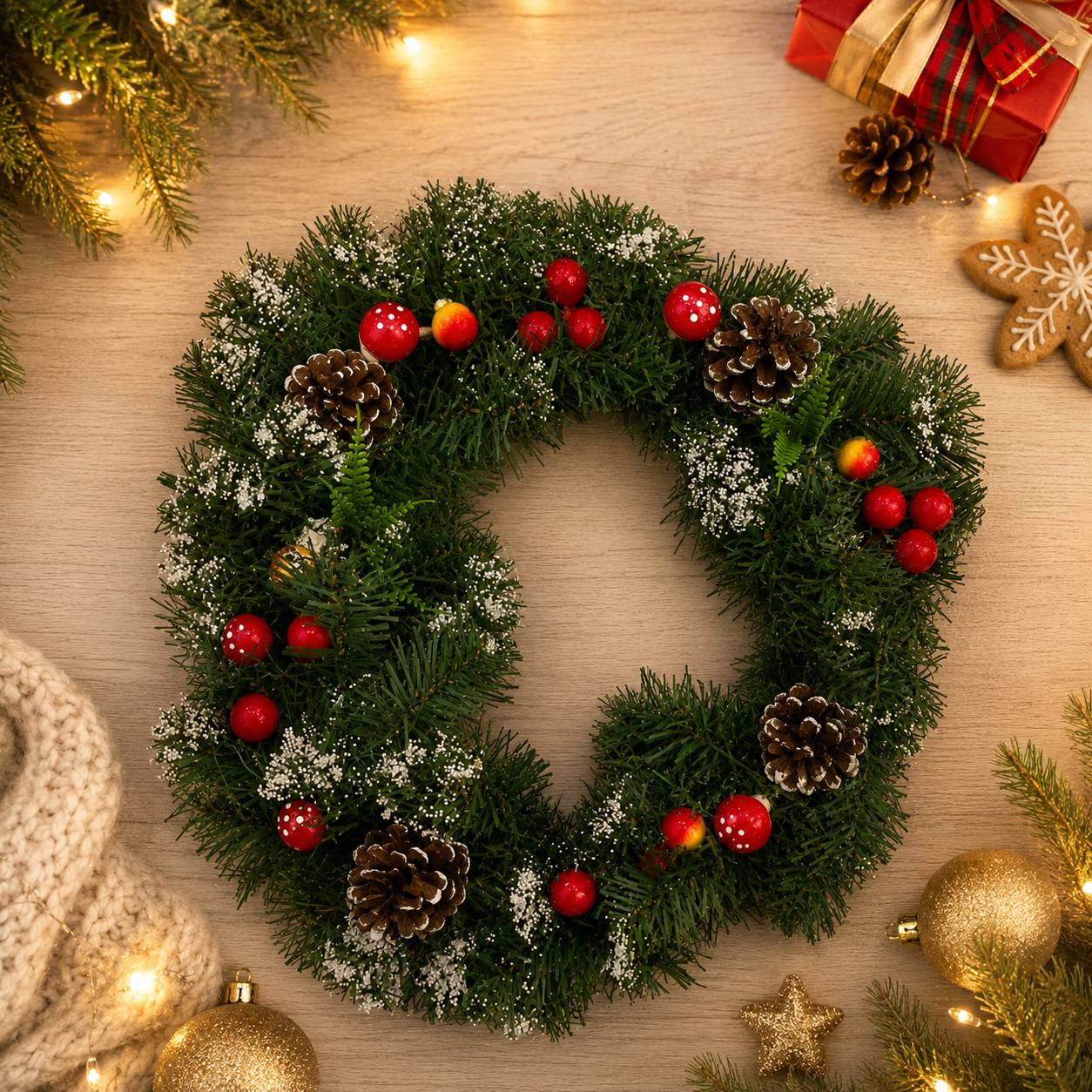 34 cm Christmas Door Wreath – Artificial Twigs, Pinecones, and Holly 2