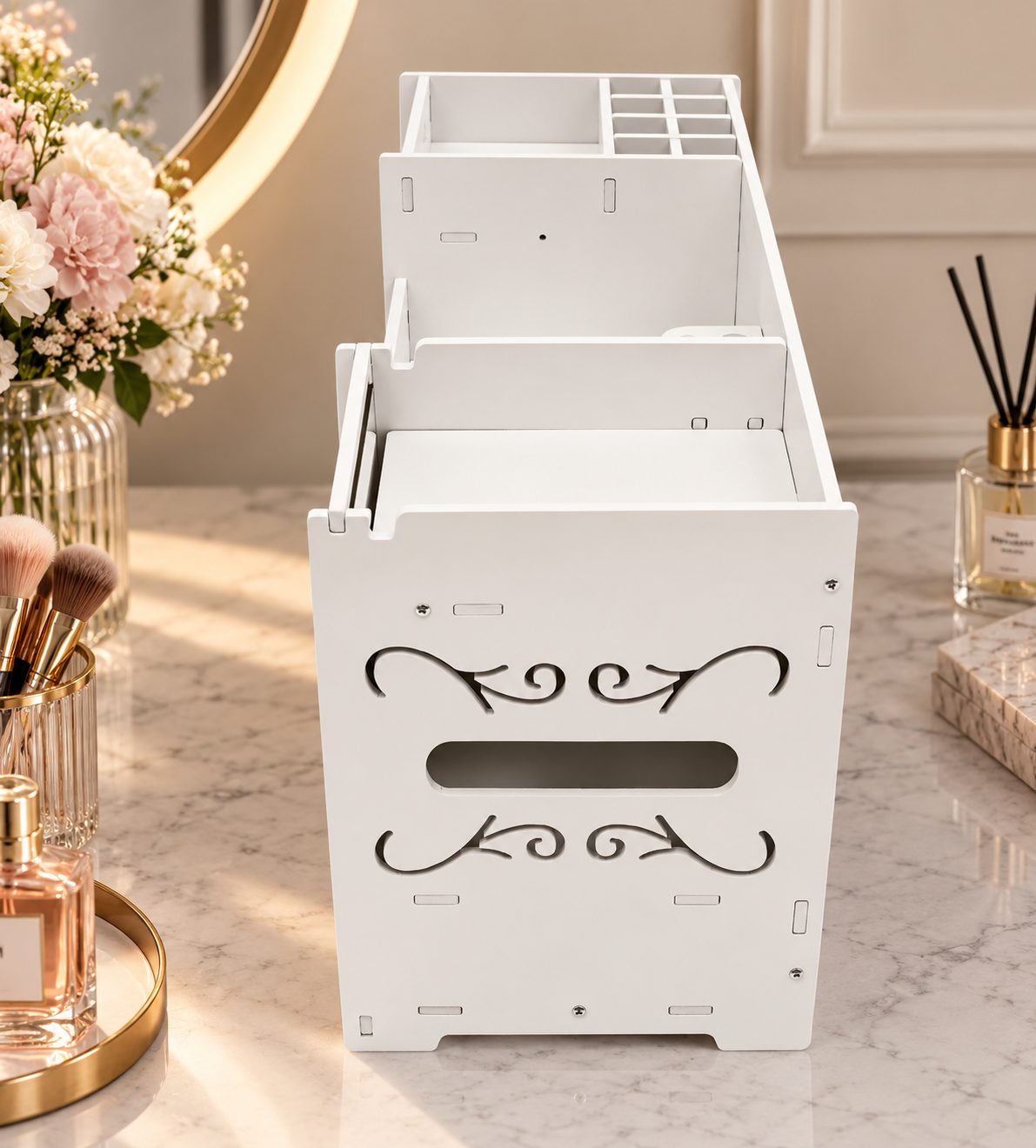 Biała Szafka Organizator na Kosmetyki z Szufladami i Lustrem 45 × 19 × 27 cm 2