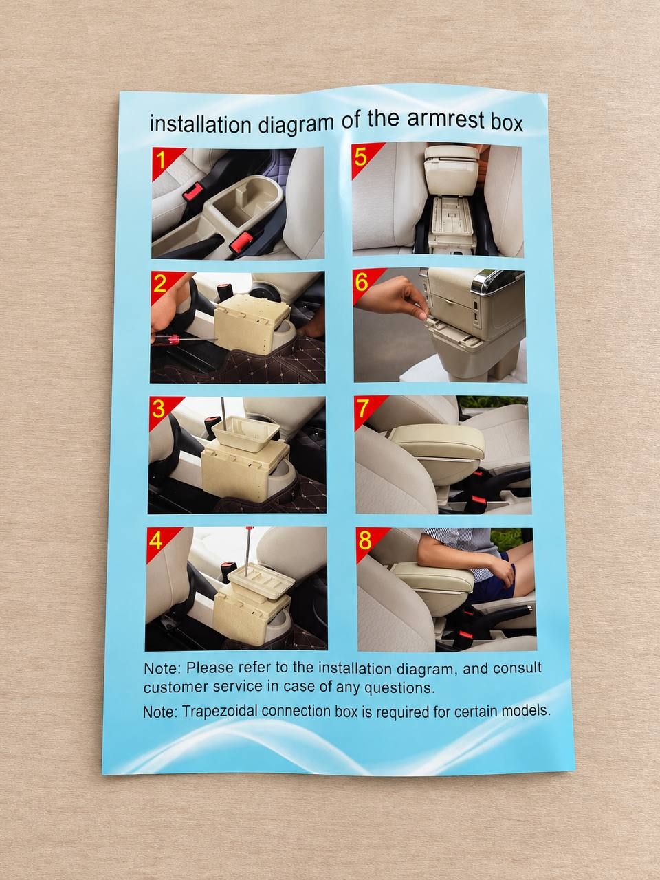 Universal car armrest with storage compartment, black with red stitching 7