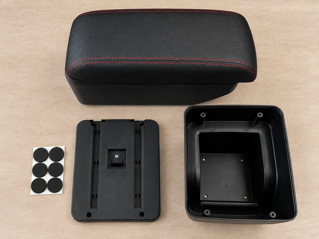 Universal car armrest with storage compartment, black with red stitching 6