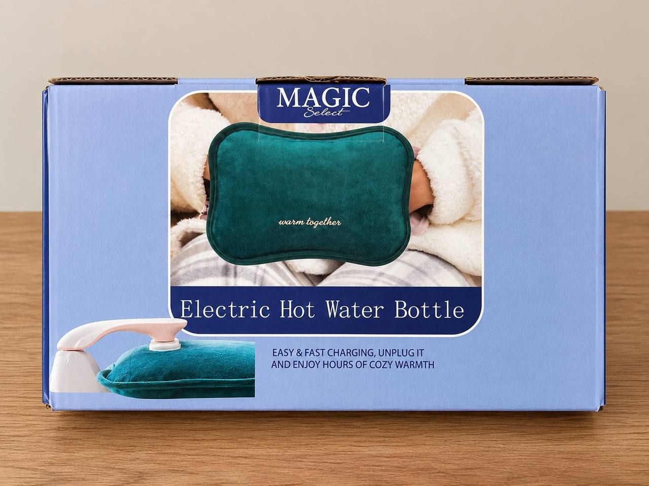 Electric hand warmer with a green velvet cover and AC charging