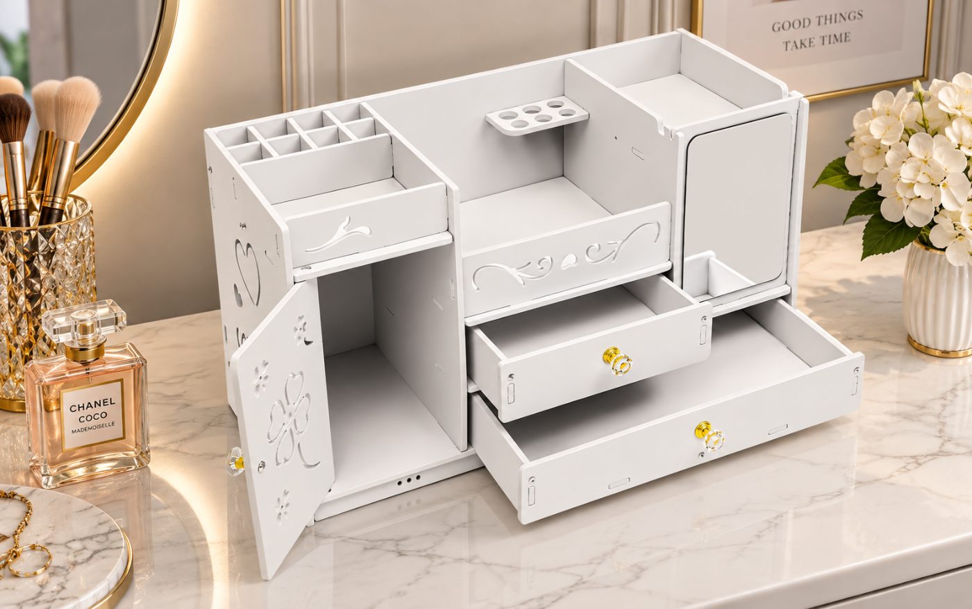 Biała Szafka Organizator na Kosmetyki z Szufladami i Lustrem 45 × 19 × 27 cm 3