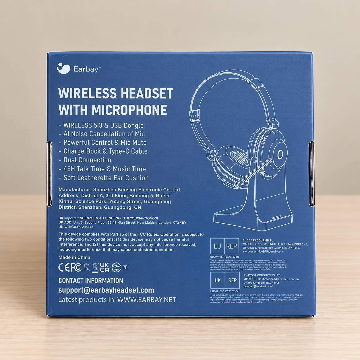Bezprzewodowy zestaw słuchawkowy z mikrofonem Earbay Bluetooth 5.3 i stacją ładującą 2