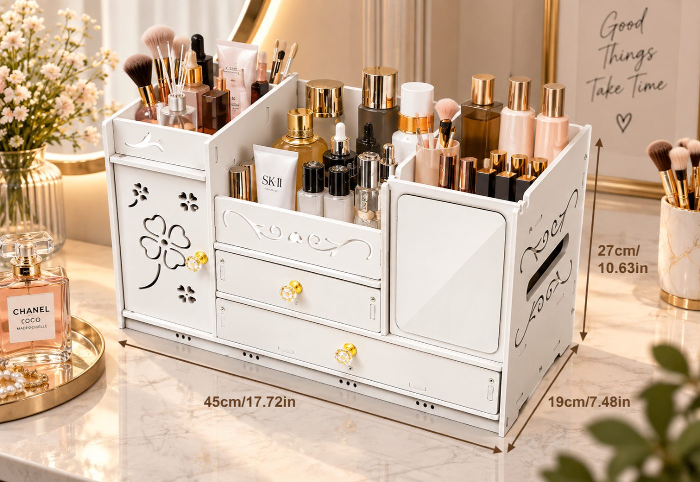 Biała Szafka Organizator na Kosmetyki z Szufladami i Lustrem 45 × 19 × 27 cm 6