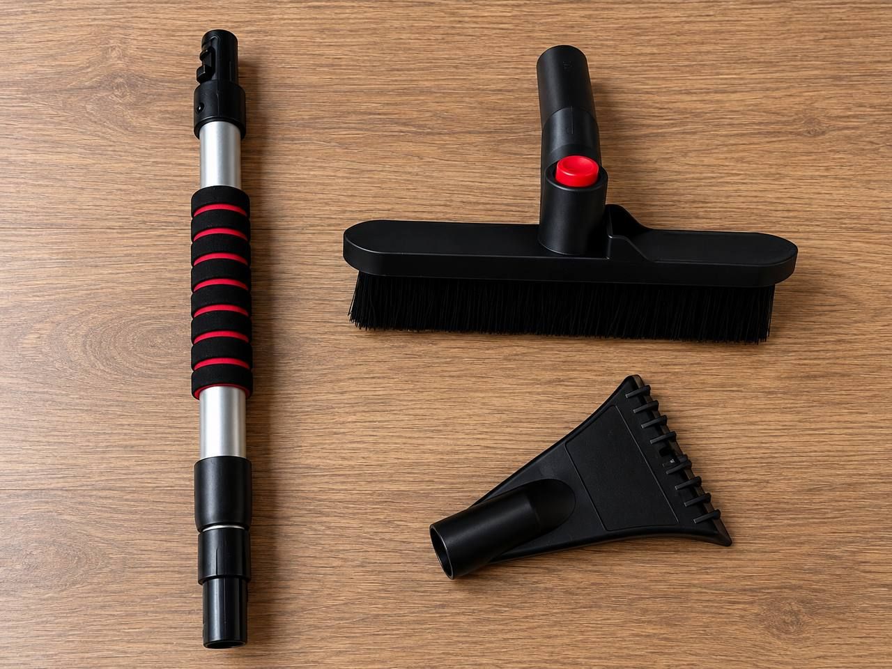 Vacuum cleaner accessory set: telescopic tube, brush, and crevice tool