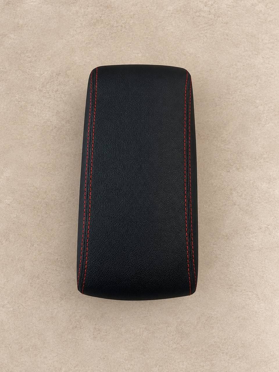 Universal car armrest with storage compartment, black with red stitching 3