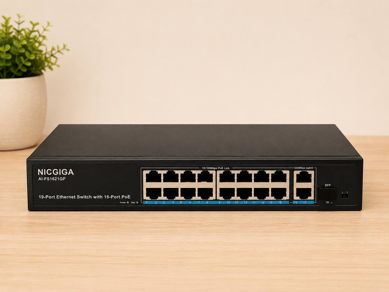 Przełącznik sieciowy NICGIGA 16-Port PoE+ 250 W | 2× Gigabit Uplink | 1× SFP | Rack 19" 2