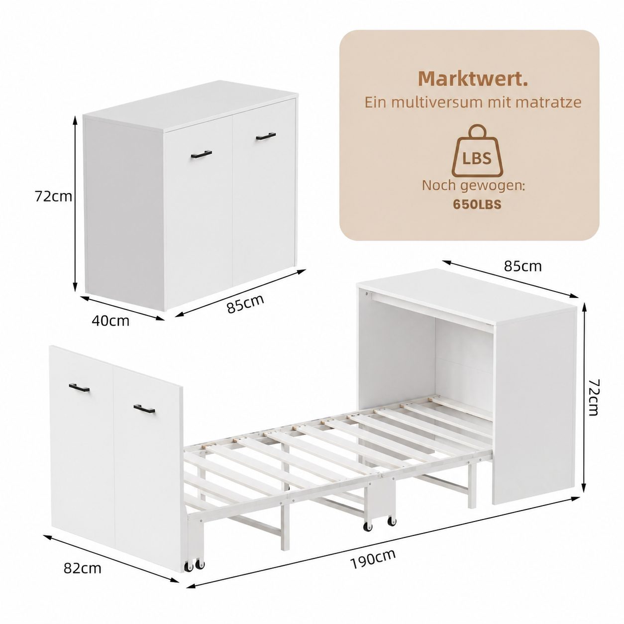 Wardrobe with Fold-Out Bed – 2-in-1, White, on Casters 3